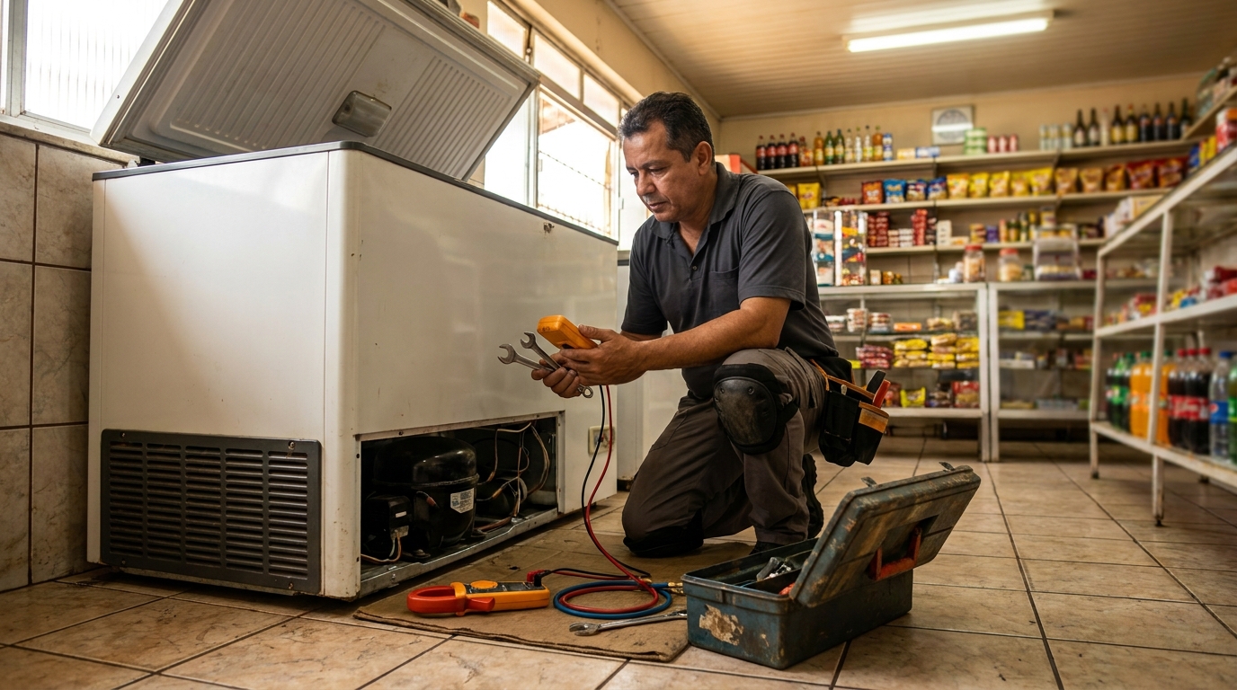 Técnico realizando manutenção de motor de freezer em Limeira‑SP