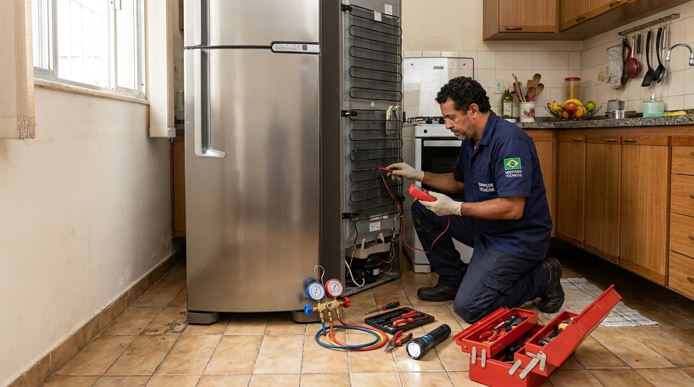 Técnico realizando manutenção de motor de geladeira em Limeira‑SP