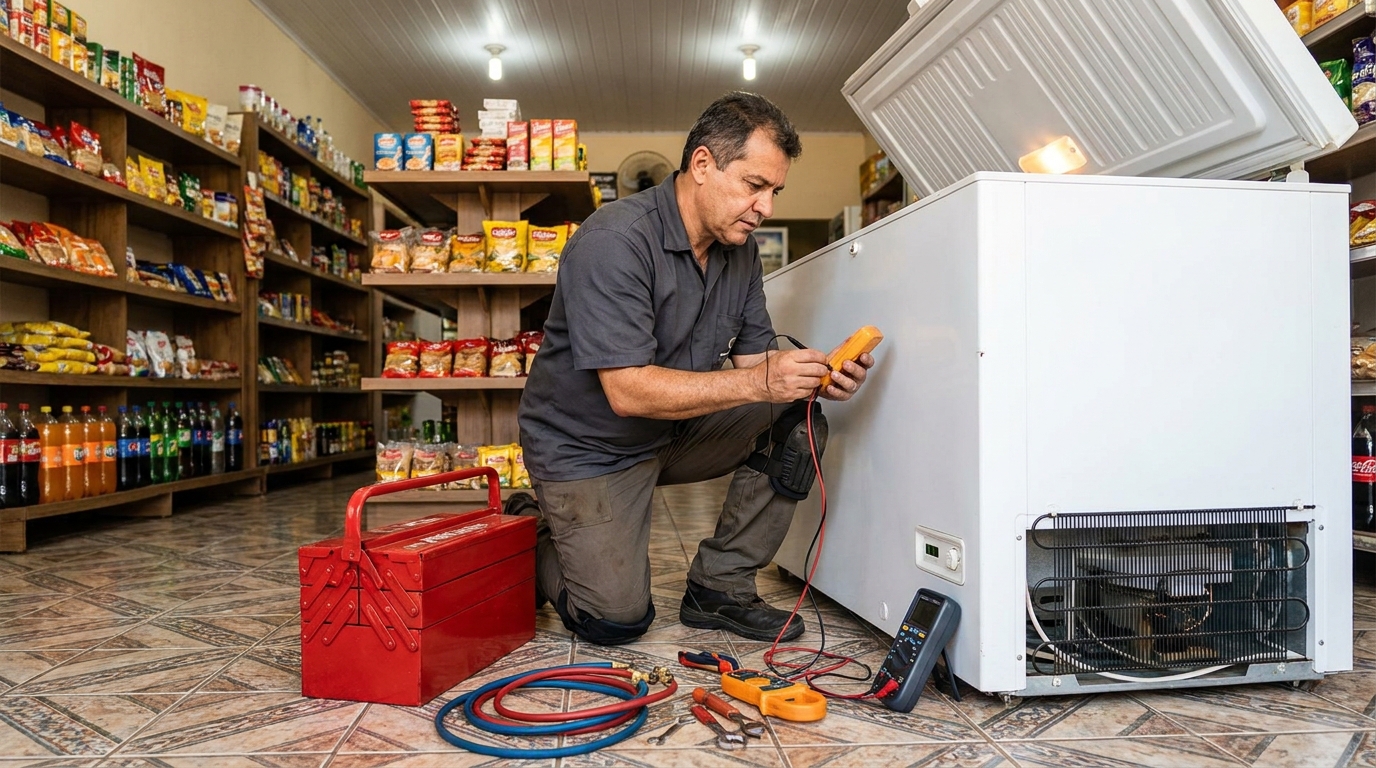 Recarga de gás refrigerante em freezer em atendimento em Limeira‑SP